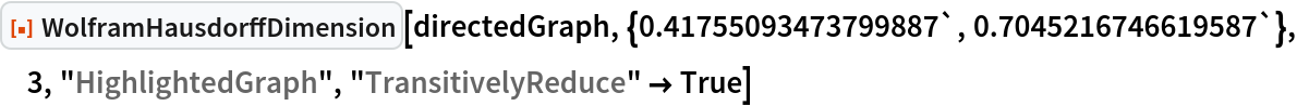 ResourceFunction[
 "WolframHausdorffDimension"][directedGraph, {0.41755093473799887`, 0.7045216746619587`}, 3, "HighlightedGraph", "TransitivelyReduce" -> True]