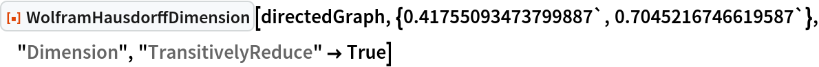 ResourceFunction[
 "WolframHausdorffDimension"][directedGraph, {0.41755093473799887`, 0.7045216746619587`}, "Dimension", "TransitivelyReduce" -> True]
