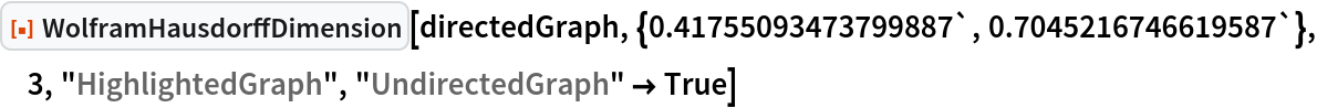 ResourceFunction[
 "WolframHausdorffDimension"][directedGraph, {0.41755093473799887`, 0.7045216746619587`}, 3, "HighlightedGraph", "UndirectedGraph" -> True]