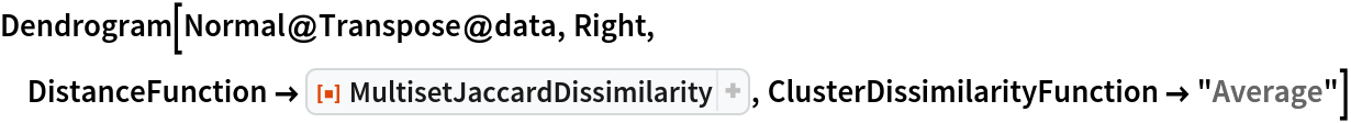 Dendrogram[Normal@Transpose@data, Right, DistanceFunction -> ResourceFunction["MultisetJaccardDissimilarity"],
  ClusterDissimilarityFunction -> "Average"]