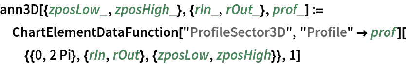 ann3D[{zposLow_, zposHigh_}, {rIn_, rOut_}, prof_] := ChartElementDataFunction["ProfileSector3D", "Profile" -> prof][{{0, 2 Pi}, {rIn, rOut}, {zposLow, zposHigh}}, 1]