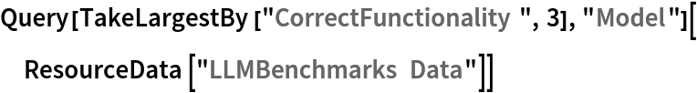 Query[TakeLargestBy["CorrectFunctionality", 3], "Model"][
 ResourceData[\!\(\*
TagBox["\"\<LLMBenchmarks Data\>\"",
#& ,
BoxID -> "ResourceTag-LLMBenchmarks Data-Input",
AutoDelete->True]\)]]