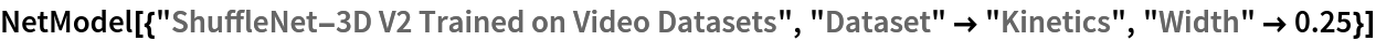 NetModel[{"ShuffleNet-3D V2 Trained on Video Datasets", "Dataset" -> "Kinetics", "Width" -> 0.25}]