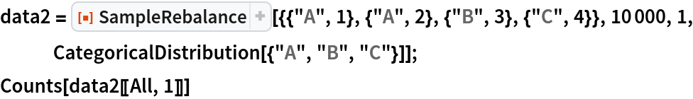 data2 = ResourceFunction[
   "SampleRebalance"][{{"A", 1}, {"A", 2}, {"B", 3}, {"C", 4}}, 10000,
    1, CategoricalDistribution[{"A", "B", "C"}]];
Counts[data2[[All, 1]]]