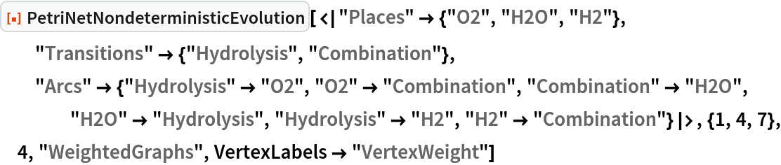 ResourceFunction[
 "PetriNetNondeterministicEvolution"][<|
  "Places" -> {"O2", "H2O", "H2"}, "Transitions" -> {"Hydrolysis", "Combination"}, "Arcs" -> {"Hydrolysis" -> "O2", "O2" -> "Combination", "Combination" -> "H2O", "H2O" -> "Hydrolysis", "Hydrolysis" -> "H2", "H2" -> "Combination"}|>, {1, 4, 7}, 4, "WeightedGraphs", VertexLabels -> "VertexWeight"]