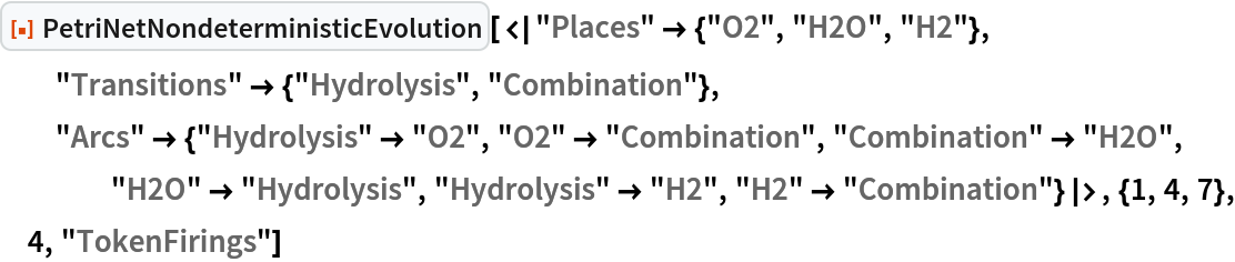 ResourceFunction[
 "PetriNetNondeterministicEvolution"][<|
  "Places" -> {"O2", "H2O", "H2"}, "Transitions" -> {"Hydrolysis", "Combination"}, "Arcs" -> {"Hydrolysis" -> "O2", "O2" -> "Combination", "Combination" -> "H2O", "H2O" -> "Hydrolysis", "Hydrolysis" -> "H2", "H2" -> "Combination"}|>, {1, 4, 7}, 4, "TokenFirings"]