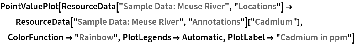 PointValuePlot[ResourceData[\!\(\*
TagBox["\"\<Sample Data: Meuse River\>\"",
#& ,
BoxID -> "ResourceTag-Sample Data: Meuse River-Input",
AutoDelete->True]\), "Locations"] -> ResourceData[\!\(\*
TagBox["\"\<Sample Data: Meuse River\>\"",
#& ,
BoxID -> "ResourceTag-Sample Data: Meuse River-Input",
AutoDelete->True]\), "Annotations"]["Cadmium"], ColorFunction -> "Rainbow", PlotLegends -> Automatic, PlotLabel -> "Cadmium in ppm"]