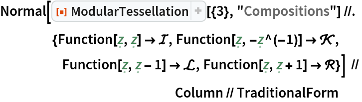 Normal[ResourceFunction["ModularTessellation"][{3}, "Compositions"] //.
     {Function[\[FormalZ], \[FormalZ]] -> \[ScriptCapitalI], Function[\[FormalZ], -\[FormalZ]^(-1)] -> \[ScriptCapitalK], Function[\[FormalZ], \[FormalZ] - 1] -> \[ScriptCapitalL], Function[\[FormalZ], \[FormalZ] + 1] -> \[ScriptCapitalR]}] //
                                                                 Column // TraditionalForm