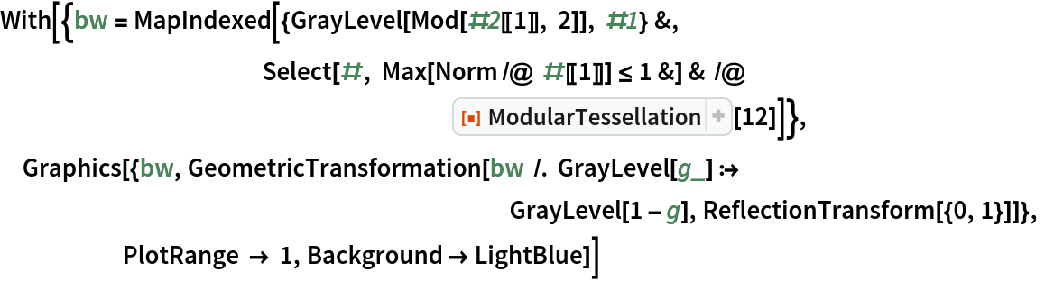 With[{bw = MapIndexed[{GrayLevel[Mod[#2[[1]], 2]], #1} &, Select[#, Max[Norm /@ #[[1]]] <= 1 &] & /@               ResourceFunction["ModularTessellation"][12]]},
 Graphics[{bw, GeometricTransformation[bw /. GrayLevel[g_] :>
                                                                                             GrayLevel[1 - g], ReflectionTransform[{0, 1}]]},
                    PlotRange -> 1, Background -> LightBlue]]