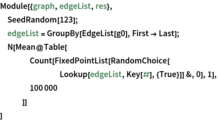 Module[{graph, edgeList, res},
 SeedRandom[123];
 edgeList = GroupBy[EdgeList[g0], First -> Last];
 N[Mean@Table[
    Count[FixedPointList[RandomChoice[
        Lookup[edgeList, Key[#], {True}]] &, 0], 1],
    100000
    ]]
 ]