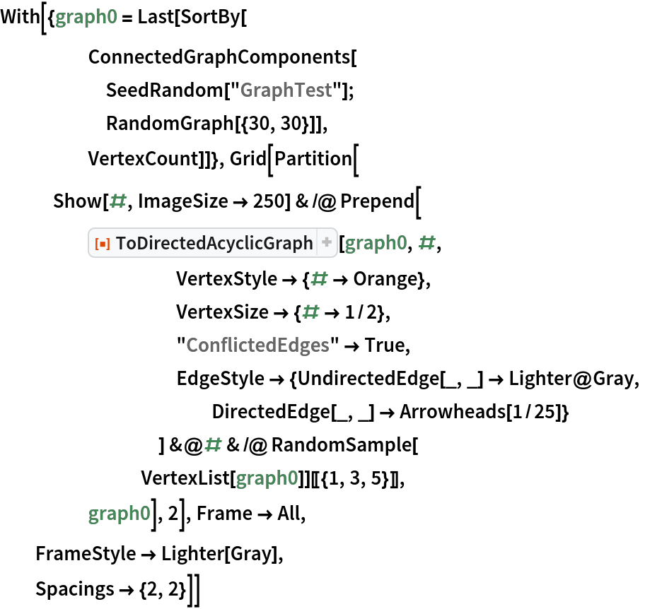 With[{graph0 = Last[SortBy[
     ConnectedGraphComponents[
      SeedRandom["GraphTest"];
      RandomGraph[{30, 30}]],
     VertexCount]]}, Grid[Partition[
   Show[#, ImageSize -> 250] & /@ Prepend[
     ResourceFunction["ToDirectedAcyclicGraph"][graph0, #,
          VertexStyle -> {# -> Orange},
          VertexSize -> {# -> 1/2},
          "ConflictedEdges" -> True,
          EdgeStyle -> {UndirectedEdge[_, _] -> Lighter@Gray,
            DirectedEdge[_, _] -> Arrowheads[1/25]}
          ] &@# & /@ RandomSample[
        VertexList[graph0]][[{1, 3, 5}]],
     graph0], 2], Frame -> All,
  FrameStyle -> Lighter[Gray],
  Spacings -> {2, 2}]]