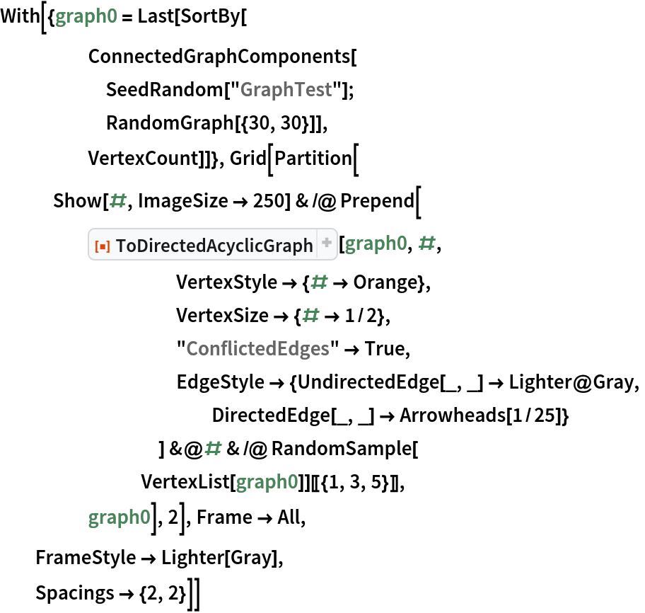 With[{graph0 = Last[SortBy[
     ConnectedGraphComponents[
      SeedRandom["GraphTest"];
      RandomGraph[{30, 30}]],
     VertexCount]]}, Grid[Partition[
   Show[#, ImageSize -> 250] & /@ Prepend[
     ResourceFunction["ToDirectedAcyclicGraph"][graph0, #,
          VertexStyle -> {# -> Orange},
          VertexSize -> {# -> 1/2},
          "ConflictedEdges" -> True,
          EdgeStyle -> {UndirectedEdge[_, _] -> Lighter@Gray,
            DirectedEdge[_, _] -> Arrowheads[1/25]}
          ] &@# & /@ RandomSample[
        VertexList[graph0]][[{1, 3, 5}]],
     graph0], 2], Frame -> All,
  FrameStyle -> Lighter[Gray],
  Spacings -> {2, 2}]]