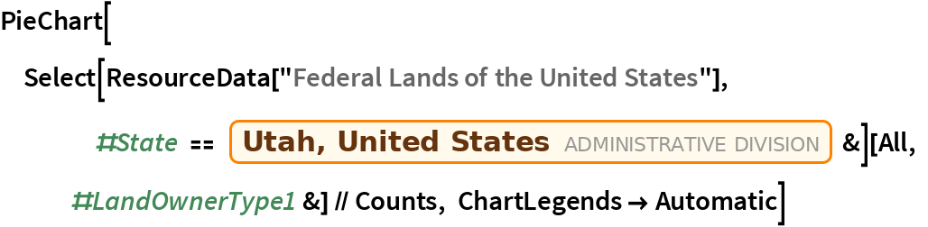 PieChart[Select[
    ResourceData[
     "Federal Lands of the United States"], #State == Entity["AdministrativeDivision", {"Utah", "UnitedStates"}] &][
   All, #LandOwnerType1 &] // Counts, ChartLegends -> Automatic]