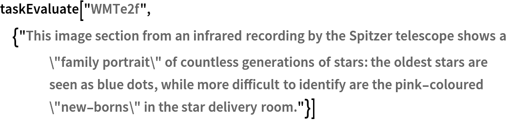 taskEvaluate["WMTe2f", {"This image section from an infrared recording by the Spitzer telescope shows a \"family portrait\" of countless generations of stars: the oldest stars are seen as blue dots, while more difficult to identify are the pink-coloured \"new-borns\" in the star delivery room."}]