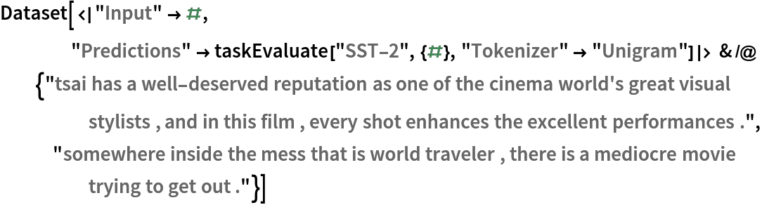 Dataset[<|"Input" -> #, "Predictions" -> taskEvaluate["SST-2", {#}, "Tokenizer" -> "Unigram"]|> & /@ {"tsai has a well-deserved reputation as one of the cinema world's great visual stylists , and in this film , every shot enhances the excellent performances .", "somewhere inside the mess that is world traveler , there is a mediocre movie trying to get out ."}]