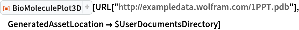 ResourceFunction["BioMoleculePlot3D"][
 URL["http://exampledata.wolfram.com/1PPT.pdb"], GeneratedAssetLocation -> $UserDocumentsDirectory]
