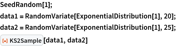 SeedRandom[1];
data1 = RandomVariate[ExponentialDistribution[1], 20];
data2 = RandomVariate[ExponentialDistribution[1], 25];
ResourceFunction["KS2Sample"][data1, data2]