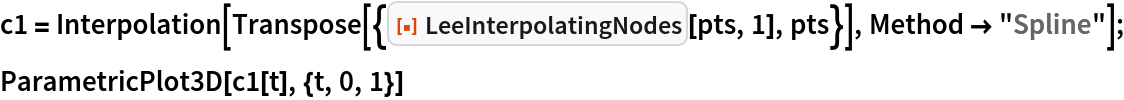 c1 = Interpolation[
   Transpose[{ResourceFunction["LeeInterpolatingNodes"][pts, 1], pts}], Method -> "Spline"];
ParametricPlot3D[c1[t], {t, 0, 1}]