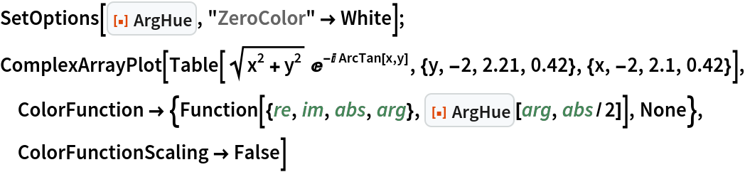 SetOptions[ResourceFunction["ArgHue"], "ZeroColor" -> White];
ComplexArrayPlot[
 Table[Sqrt[x^2 + y^2] E^(-I ArcTan[x, y]), {y, -2, 2.21, 0.42}, {x, -2, 2.1, 0.42}], ColorFunction -> {Function[{re, im, abs, arg}, ResourceFunction["ArgHue"][arg, abs/2]], None}, ColorFunctionScaling -> False]