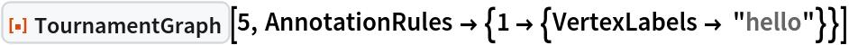 ResourceFunction["TournamentGraph"][5, AnnotationRules -> {1 -> {VertexLabels -> "hello"}}]