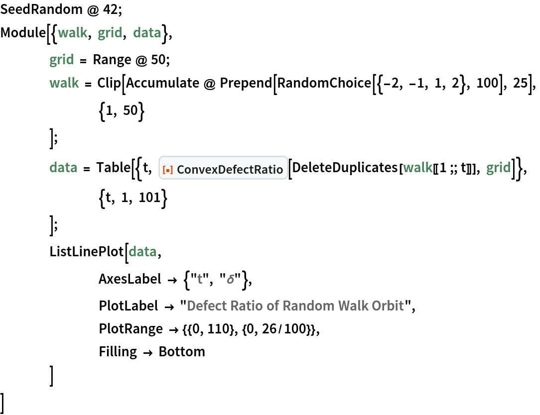 SeedRandom @ 42;
Module[{walk, grid, data},
 	grid = Range @ 50;
 	walk = Clip[
   Accumulate @ Prepend[RandomChoice[{-2, -1, 1, 2}, 100], 25],
   		{1, 50}
   	];
 	data = Table[{t, ResourceFunction["ConvexDefectRatio"][
     DeleteDuplicates[walk[[1 ;; t]]], grid]},
   		{t, 1, 101}
   	];
 	ListLinePlot[data,
  		AxesLabel -> {"t", "\[Delta]"},
  		PlotLabel -> "Defect Ratio of Random Walk Orbit",
  		PlotRange -> {{0, 110}, {0, 26/100}},
  		Filling -> Bottom
  	]
 ]