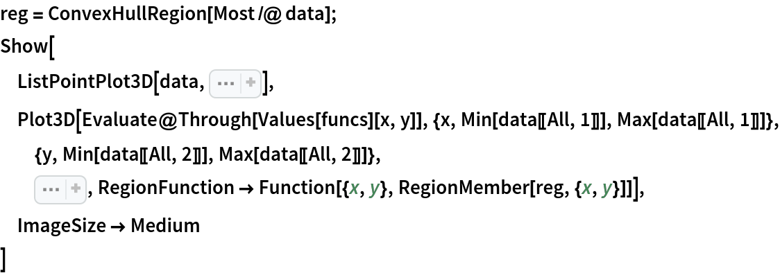 reg = ConvexHullRegion[Most /@ data];
Show[
 ListPointPlot3D[data, Sequence[
  BoxRatios -> {1, 1, 2/3}, PlotStyle -> Red, PlotRange -> All]],
 Plot3D[Evaluate@Through[Values[funcs][x, y]], {x, Min[data[[All, 1]]], Max[data[[All, 1]]]}, {y, Min[data[[All, 2]]],
    Max[data[[All, 2]]]},
  Sequence[PlotRange -> All, PlotStyle -> {
Opacity[0.7]}, Mesh -> True, PlotTheme -> "LightMesh", PerformanceGoal -> "Quality", PlotLegends -> Keys[funcs]], RegionFunction -> Function[{x, y}, RegionMember[reg, {x, y}]]],
 ImageSize -> Medium
 ]