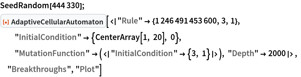 SeedRandom[444330]; ResourceFunction["AdaptiveCellularAutomaton", ResourceVersion->"1.0.0"][<|"Rule" -> {1246491453600, 3, 1}, "InitialCondition" -> {CenterArray[1, 20], 0}, "MutationFunction" -> (<|"InitialCondition" -> {3, 1}|>), "Depth" -> 2000|>, "Breakthroughs", "Plot"]