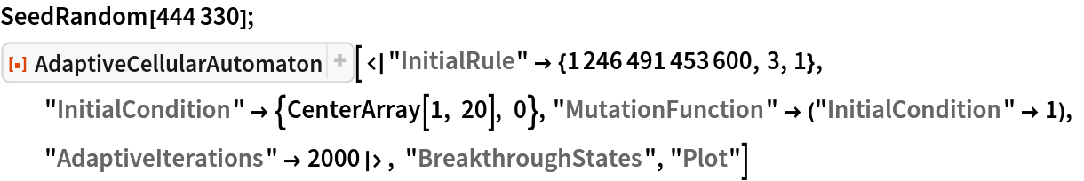 SeedRandom[444330]; ResourceFunction["AdaptiveCellularAutomaton", ResourceVersion->"2.1.0", ResourceSystemBase -> "https://www.wolframcloud.com/obj/resourcesystem/api/1.0"][<|"InitialRule" -> {1246491453600, 3, 1}, "InitialCondition" -> {CenterArray[1, 20], 0}, "MutationFunction" -> ("InitialCondition" -> 1), "AdaptiveIterations" -> 2000|>, "BreakthroughStates", "Plot"]