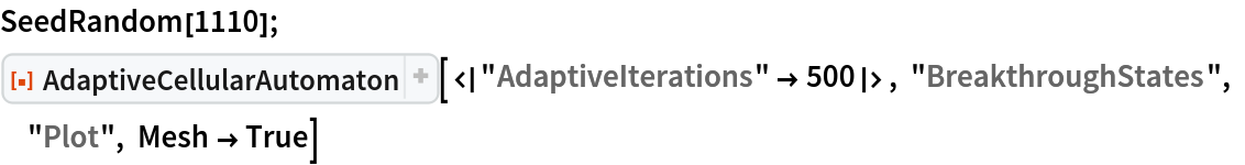 SeedRandom[1110]; ResourceFunction["AdaptiveCellularAutomaton", ResourceVersion->"2.1.0", ResourceSystemBase -> "https://www.wolframcloud.com/obj/resourcesystem/api/1.0"][<|
  "AdaptiveIterations" -> 500|>, "BreakthroughStates", "Plot", Mesh -> True]