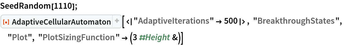 SeedRandom[1110]; ResourceFunction["AdaptiveCellularAutomaton", ResourceVersion->"2.1.0", ResourceSystemBase -> "https://www.wolframcloud.com/obj/resourcesystem/api/1.0"][<|
  "AdaptiveIterations" -> 500|>, "BreakthroughStates", "Plot", "PlotSizingFunction" -> (3 #Height &)]