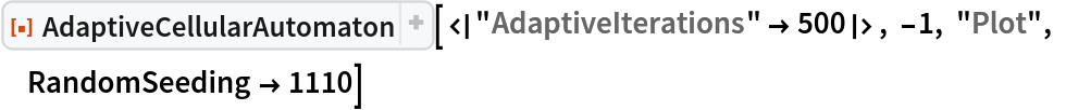ResourceFunction["AdaptiveCellularAutomaton", ResourceVersion->"3.0.0", ResourceSystemBase -> "https://www.wolframcloud.com/obj/resourcesystem/api/1.0"][<|"AdaptiveIterations" -> 500|>, -1, "Plot", RandomSeeding -> 1110]