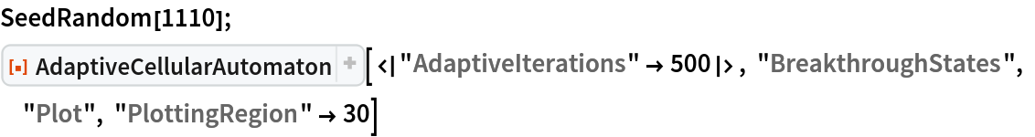 SeedRandom[1110]; ResourceFunction["AdaptiveCellularAutomaton", ResourceVersion->"3.0.0", ResourceSystemBase -> "https://www.wolframcloud.com/obj/resourcesystem/api/1.0"][<|
  "AdaptiveIterations" -> 500|>, "BreakthroughStates", "Plot", "PlottingRegion" -> 30]