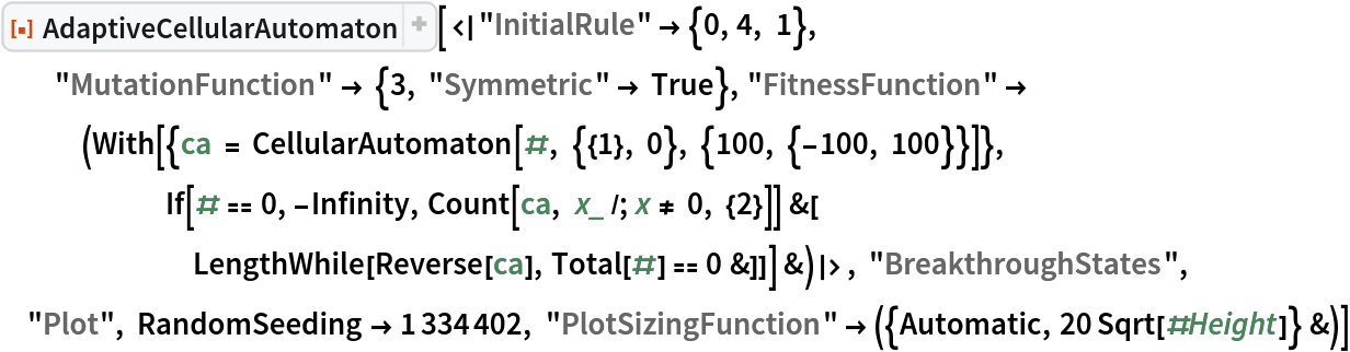 ResourceFunction[
 "AdaptiveCellularAutomaton"][<|"InitialRule" -> {0, 4, 1}, "MutationFunction" -> {3, "Symmetric" -> True}, "FitnessFunction" -> (With[{ca = CellularAutomaton[#, {{1}, 0}, {100, {-100, 100}}]}, If[# == 0, -Infinity, Count[ca, x_ /; x != 0, {2}]] &[
       LengthWhile[Reverse[ca], Total[#] == 0 &]]] &)|>, "BreakthroughStates", "Plot", RandomSeeding -> 1334402, "PlotSizingFunction" -> ({Automatic, 20 Sqrt[#Height]} &)]