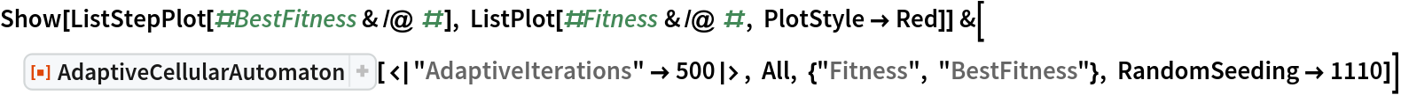 Show[ListStepPlot[#BestFitness & /@ #], ListPlot[#Fitness & /@ #, PlotStyle -> Red]] &[
 ResourceFunction[
  "AdaptiveCellularAutomaton"][<|"AdaptiveIterations" -> 500|>, All, {"Fitness", "BestFitness"}, RandomSeeding -> 1110]]