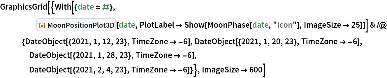 GraphicsGrid[{With[{date = #},
     ResourceFunction["MoonPositionPlot3D"][date, PlotLabel -> Show[MoonPhase[date, "Icon"], ImageSize -> 25]]] & /@ {DateObject[{2021, 1, 12, 23}, TimeZone -> -6], DateObject[{2021, 1, 20, 23}, TimeZone -> -6], DateObject[{2021, 1, 28, 23}, TimeZone -> -6], DateObject[{2021, 2, 4, 23}, TimeZone -> -6]}}, ImageSize -> 600]