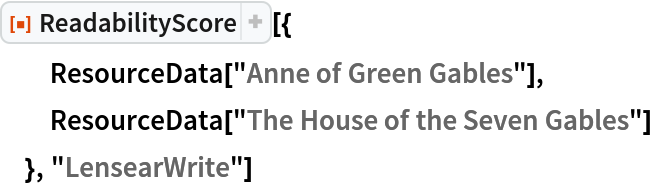 ResourceFunction["ReadabilityScore"][{
  ResourceData["Anne of Green Gables"],
  ResourceData["The House of the Seven Gables"]
  }, "LensearWrite"]