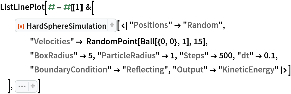ListLinePlot[# - #[[1]] &[
  ResourceFunction["HardSphereSimulation", ResourceVersion->"2.0.0"][<|"Positions" -> "Random", "Velocities" -> RandomPoint[Ball[{0, 0}, 1], 15],
    "BoxRadius" -> 5, "ParticleRadius" -> 1, "Steps" -> 500, "dt" -> 0.1, "BoundaryCondition" -> "Reflecting", "Output" -> "KineticEnergy"|>]
  ], Sequence[
 Frame -> True, FrameLabel -> {"Time Step", "E-\!\(\*SubscriptBox[\(E\), \(initial\)]\)"}, RotateLabel -> False, PlotLabel -> "Energy Conservation vs. Time", PlotRange -> {{0, 500}, Automatic}]]