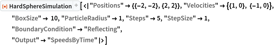 ResourceFunction["HardSphereSimulation", ResourceVersion->"2.0.1"][<|"Positions" -> {{-2, -2}, {2, 2}}, "Velocities" -> {{1, 0}, {-1, 0}}, "BoxSize" -> 10, "ParticleRadius" -> 1, "Steps" -> 5, "StepSize" -> 1, "BoundaryCondition" -> "Reflecting",
  "Output" -> "SpeedsByTime"|>]