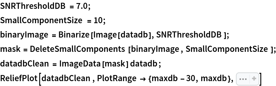 SNRThresholdDB = 7.0;
SmallComponentSize = 10;
binaryImage = Binarize[Image[datadb], SNRThresholdDB];
mask = DeleteSmallComponents[binaryImage, SmallComponentSize];
datadbClean = ImageData[mask] datadb;
ReliefPlot[datadbClean, PlotRange -> {maxdb - 30, maxdb}, Sequence[
 LightingAngle -> None, FrameTicks -> True, DataRange -> {{-vmax, vmax}, {0, tmax}}, FrameLabel -> {"Doppler velocity (m/s)", "slow time (sec)"}]]