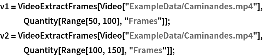 v1 = VideoExtractFrames[Video["ExampleData/Caminandes.mp4"], Quantity[Range[50, 100], "Frames"]];
v2 = VideoExtractFrames[Video["ExampleData/Caminandes.mp4"], Quantity[Range[100, 150], "Frames"]];