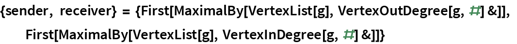 {sender, receiver} = {First[
   MaximalBy[VertexList[g], VertexOutDegree[g, #] &]], First[MaximalBy[VertexList[g], VertexInDegree[g, #] &]]}