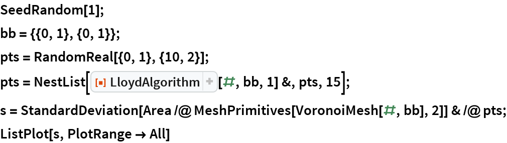 SeedRandom[1];
bb = {{0, 1}, {0, 1}};
pts = RandomReal[{0, 1}, {10, 2}];
pts = NestList[ResourceFunction["LloydAlgorithm"][#, bb, 1] &, pts, 15];
s = StandardDeviation[
     Area /@ MeshPrimitives[VoronoiMesh[#, bb], 2]] & /@ pts;
ListPlot[s, PlotRange -> All]