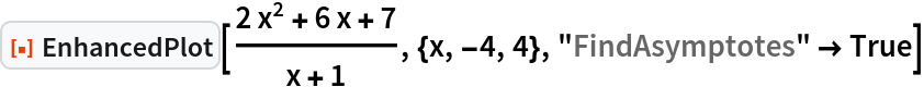 ResourceFunction["EnhancedPlot"][(2 x^2 + 6 x + 7)/(
 x + 1), {x, -4, 4}, "FindAsymptotes" -> True]