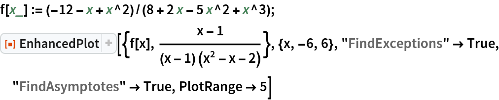 f[x_] := (-12 - x + x^2)/(8 + 2 x - 5 x^2 + x^3);
ResourceFunction["EnhancedPlot", ResourceVersion->"2.1.0"][{f[x], (x - 1)/((x - 1) (x^2 - x - 2))}, {x, -6, 6}, "FindExceptions" -> True, "FindAsymptotes" -> True, PlotRange -> 5]