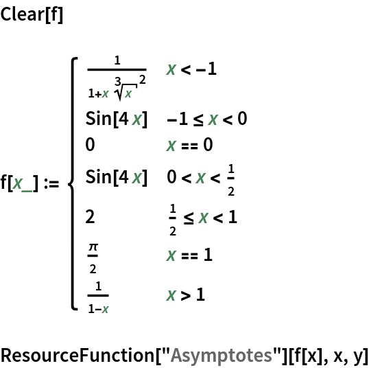 Clear[f]
f[x_] := \!\(\*
TagBox[GridBox[{
{"\[Piecewise]", GridBox[{
{
FractionBox["1", 
RowBox[{"1", "+", 
RowBox[{"x", " ", 
SuperscriptBox[
RadicalBox["x", "3",
MultilineFunction->None,
SurdForm->True], "2"]}]}]], 
RowBox[{"x", "<", 
RowBox[{"-", "1"}]}]},
{
RowBox[{"Sin", "[", 
RowBox[{"4", " ", "x"}], "]"}], 
RowBox[{
RowBox[{"-", "1"}], "<=", "x", "<", "0"}]},
{"0", 
RowBox[{"x", "==", "0"}]},
{
RowBox[{"Sin", "[", 
RowBox[{"4", " ", "x"}], "]"}], 
RowBox[{"0", "<", "x", "<", 
FractionBox["1", "2"]}]},
{"2", 
RowBox[{
FractionBox["1", "2"], "<=", "x", "<", "1"}]},
{
FractionBox["\[Pi]", "2"], 
RowBox[{"x", "==", "1"}]},
{
FractionBox["1", 
RowBox[{"1", "-", "x"}]], 
RowBox[{"x", ">", "1"}]}
},
AllowedDimensions->{2, Automatic},
Editable->True,
GridBoxAlignment->{"Columns" -> {{Left}}, "Rows" -> {{Baseline}}},
GridBoxItemSize->{"Columns" -> {{Automatic}}, "Rows" -> {{1.}}},
GridBoxSpacings->{"Columns" -> {
Offset[
            0.27999999999999997`], {
Offset[0.84]}, 
Offset[0.27999999999999997`]}, "Rows" -> {
Offset[0.2], {
Offset[0.4]}, 
Offset[0.2]}},
Selectable->True]}
},
GridBoxAlignment->{"Columns" -> {{Left}}, "Rows" -> {{Baseline}}},
GridBoxItemSize->{"Columns" -> {{Automatic}}, "Rows" -> {{1.}}},
GridBoxSpacings->{"Columns" -> {
Offset[
         0.27999999999999997`], {
Offset[0.35]}, 
Offset[0.27999999999999997`]}, "Rows" -> {
Offset[0.2], {
Offset[0.4]}, 
Offset[0.2]}}],
"Piecewise",
DeleteWithContents->True,
Editable->False,
SelectWithContents->True,
Selectable->False,
StripWrapperBoxes->True]\)
ResourceFunction["Asymptotes"][f[x], x, y]
