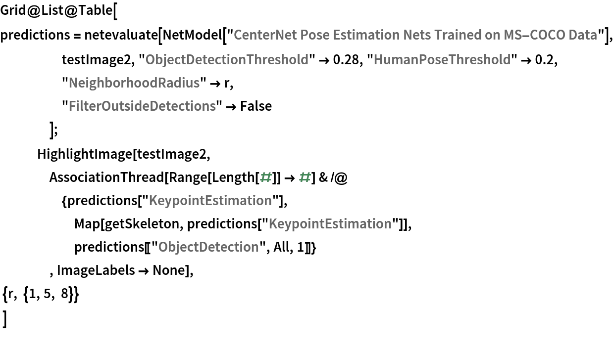 Grid@List@Table[
   predictions = netevaluate[
     NetModel[
      "CenterNet Pose Estimation Nets Trained on MS-COCO Data"], testImage2, "ObjectDetectionThreshold" -> 0.28, "HumanPoseThreshold" -> 0.2, "NeighborhoodRadius" -> r,
     "FilterOutsideDetections" -> False
     ];
   HighlightImage[testImage2,
    AssociationThread[Range[Length[#]] -> #] & /@ {predictions[
       "KeypointEstimation"], Map[getSkeleton, predictions["KeypointEstimation"]], predictions[["ObjectDetection", All, 1]]}
    , ImageLabels -> None],
    {r, {1, 5, 8}}
    ]
