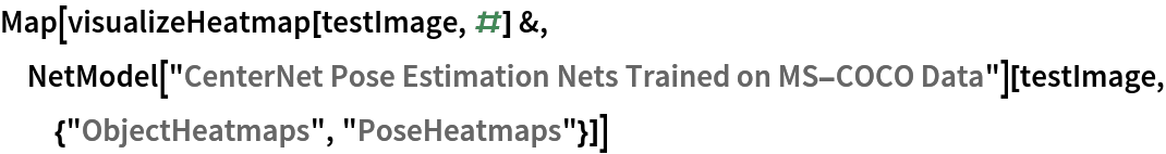 Map[visualizeHeatmap[testImage, #] &, NetModel["CenterNet Pose Estimation Nets Trained on MS-COCO Data"][
  testImage, {"ObjectHeatmaps", "PoseHeatmaps"}]]