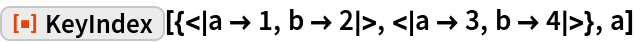 ResourceFunction["KeyIndex"][{<|a -> 1, b -> 2|>, <|a -> 3, b -> 4|>},
  a]