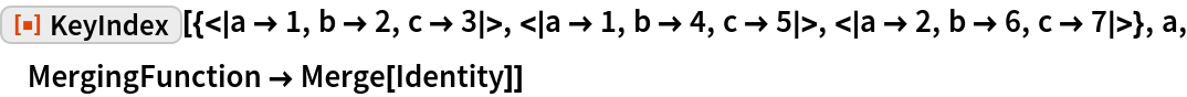 ResourceFunction[
 "KeyIndex"][{<|a -> 1, b -> 2, c -> 3|>, <|a -> 1, b -> 4, c -> 5|>, <|a -> 2, b -> 6, c -> 7|>}, a, MergingFunction -> Merge[Identity]]