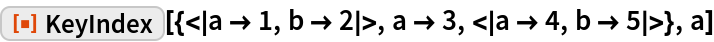ResourceFunction[
 "KeyIndex"][{<|a -> 1, b -> 2|>, a -> 3, <|a -> 4, b -> 5|>}, a]